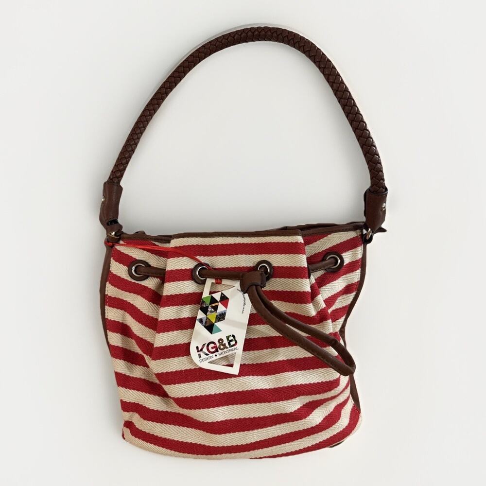 NWT KG&B Canvas Bucket Bag Red White Striped Drawstring Purse Braided Handle